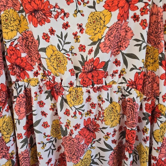 LOFT Floral Midi Dress Faux Wrap Ruffle Adjustable Straps Elastic Waist Large - Picture 8 of 10